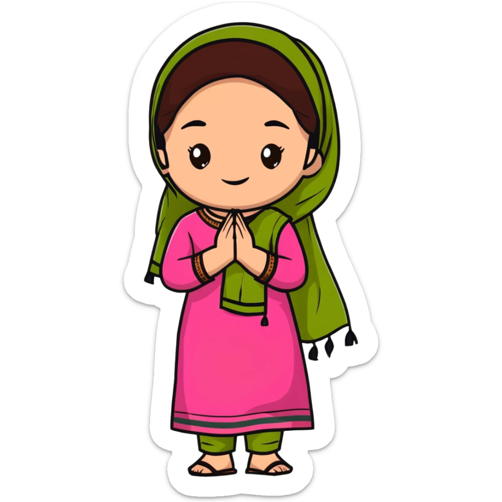 girl with light wheatish skin, dark brown hair, wearing dark pink kurti with sage green dupatta on head sticker