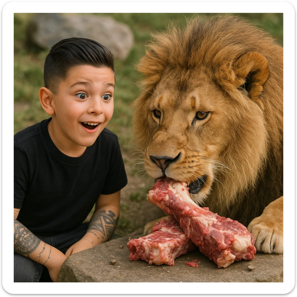 Create a realistic image of a boy with the face and appearance of the person in the reference photo, looking amazed at a lion and its feeding. The lion is near typical food of its diet (raw meat, bones). The boy shows an expression of wonder and curiosity. The tone is natural and positive. sticker