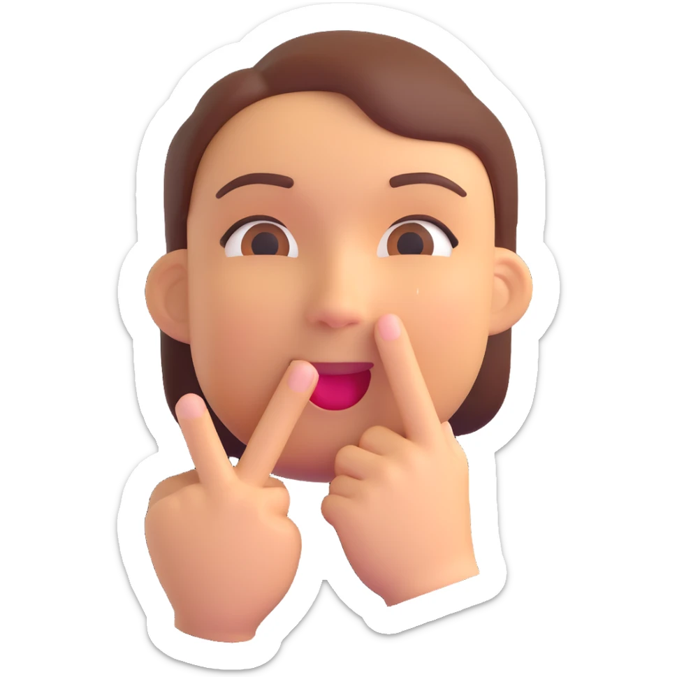 3D emoji of a face with a gentle smile and finger over lips, 'shush' sign sticker