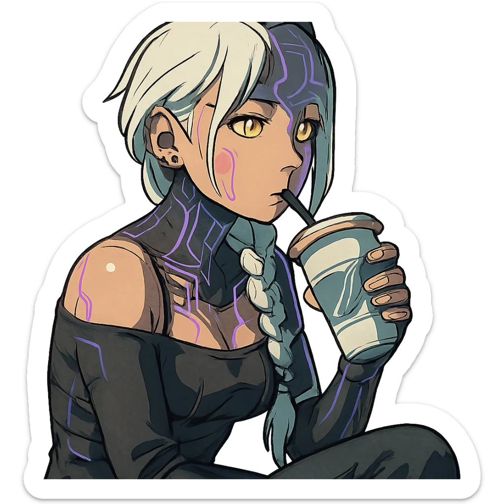  she is sipping a delicious tea drink, a closeup portrait of young woman with gold yellow eyes, white hair, long braid, black off-shoulder top d-cup, punk gothic style, futuristic cyberwave cyberpunk, sitting position
 sticker