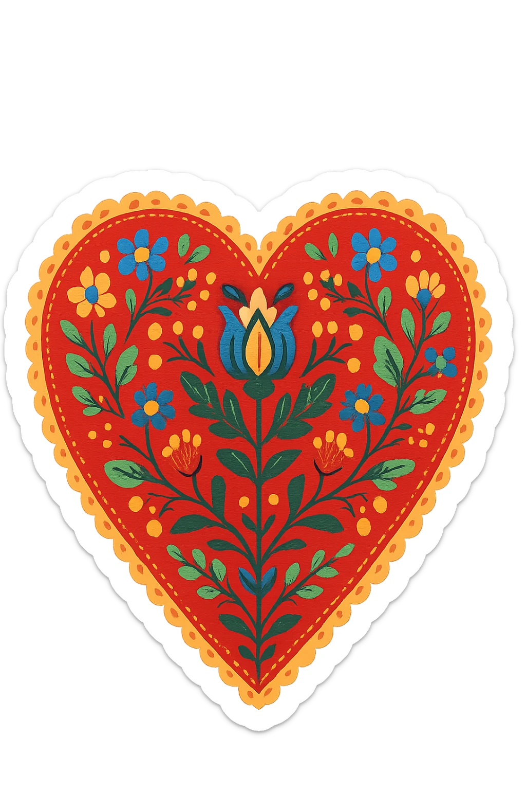 red heart with Scandinavian folk art nature motif, bright folk colors, intricate floral and leaf patterns, symmetrical, border around heart sticker