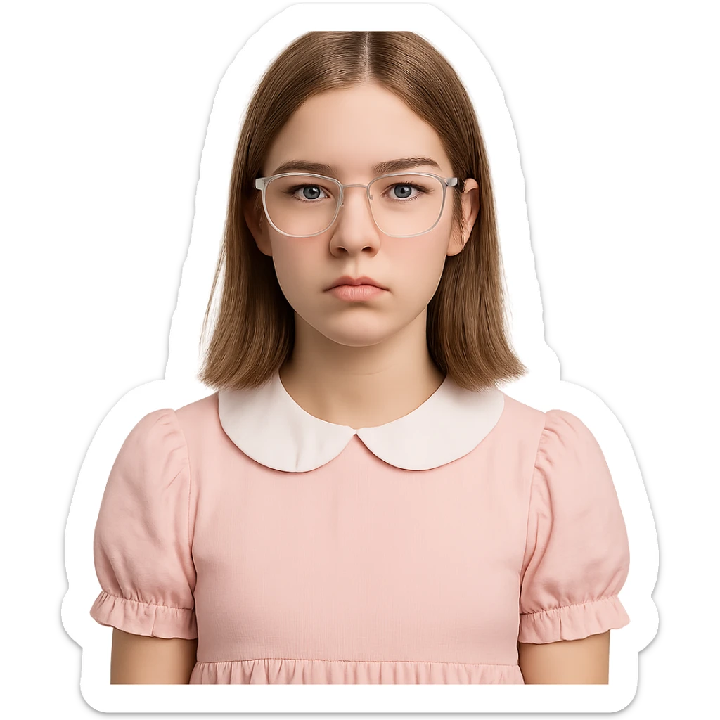 teen girl with clear glasses, shoulder length light brown hair, cute core style, straight face, no smile sticker