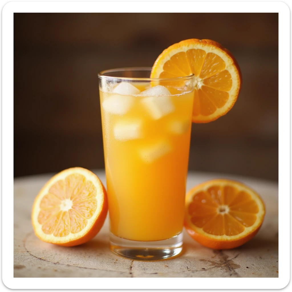 realistic glass of orange juice with ice cubes and orange slice garnish sticker