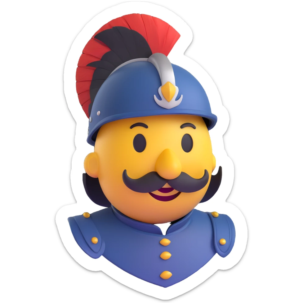 cartoonish Conquistador smiley inspired by Age of Empires II, with a helmet, mustache, and plume, no text, designed for Discord sticker