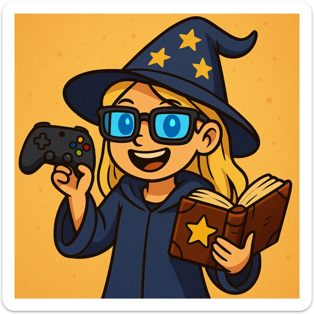 Make the girl wizard have blond hair, blue eyes, and a dark blue outfit. She is a cheerful gamer with a joystick and a spellbook, wearing a pointy hat and gaming glasses. Keep the cheerful and magical gamer theme. sticker