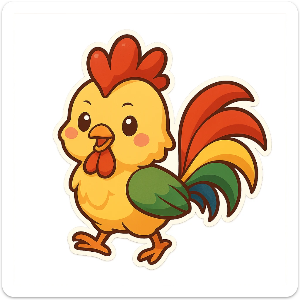 chibi cartoon sticker of a Kurdish rooster (مەڵەغای گێڕان), lively and colorful style sticker