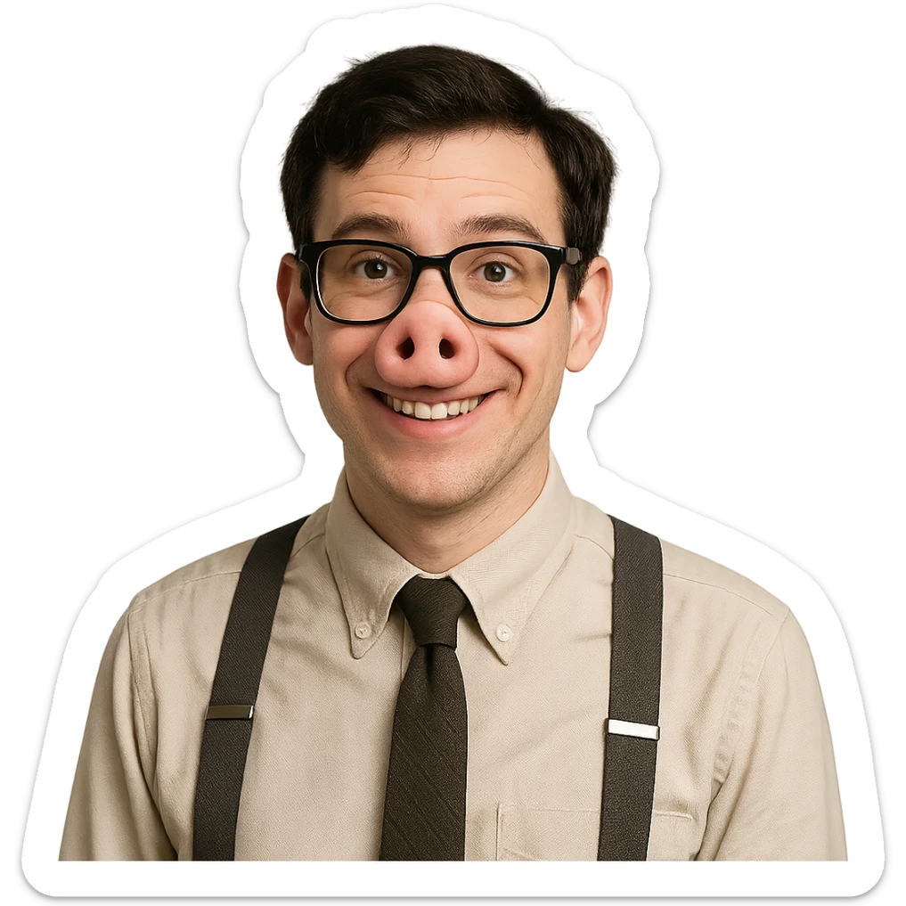 a nerdy person with a pig's snout, wearing suspenders and big glasses sticker