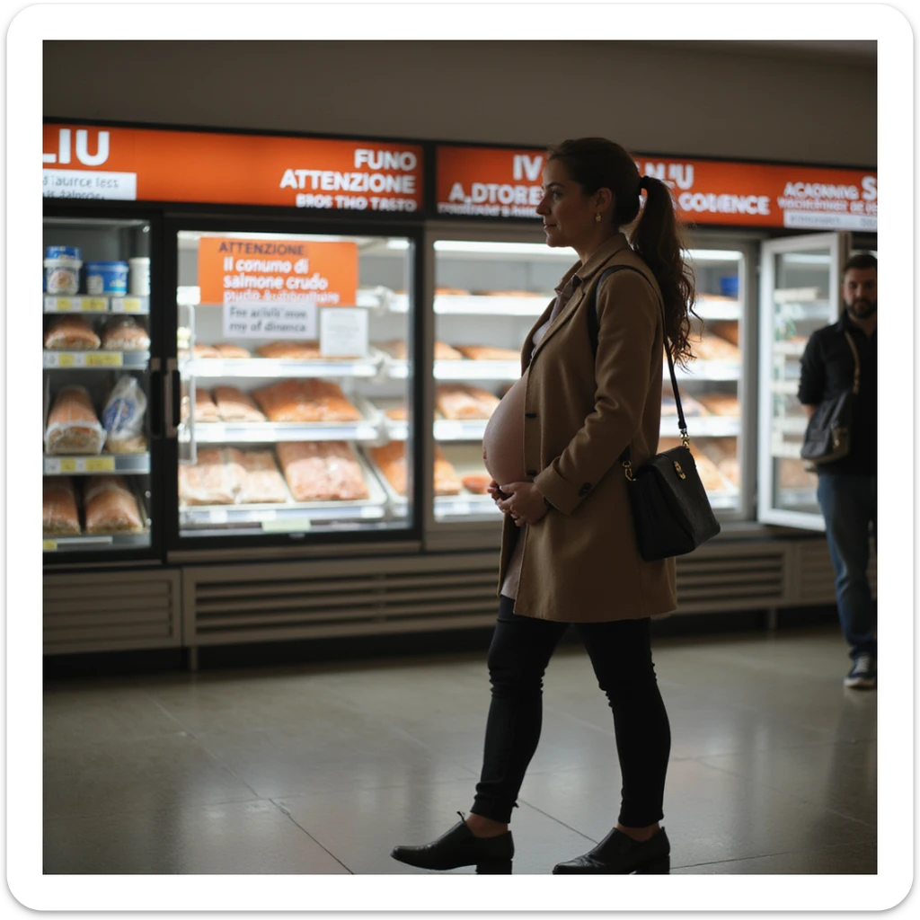 realistic pregnant woman in 4K walking away from the salmon counter after reading a sign that says: 'Attenzione, il consumo di salmone crudo puo comportare rischi in gravidanza' sticker