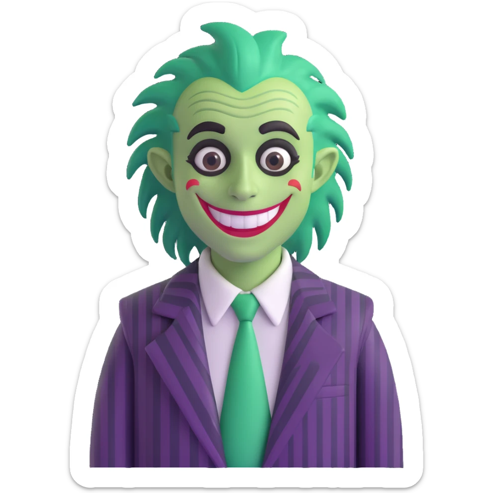 Beetlejuice character, 3D emoji style, green hair, striped suit, big smile sticker