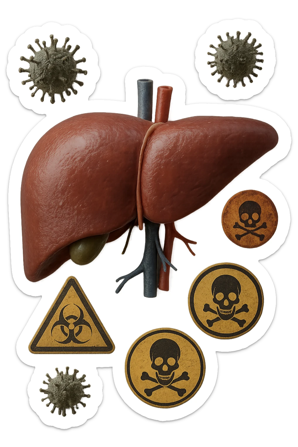 fegato umano anatomico con tossine che gli fluttuano intorno, iperrealistico 4k sticker