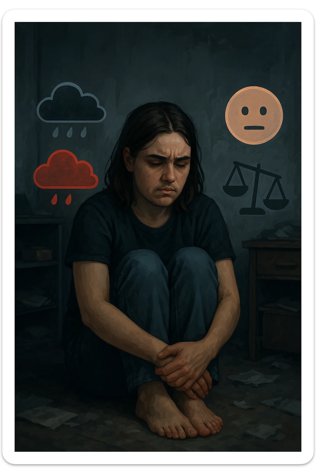 Donna tra i 25 e i 35 anni seduta da sola in una stanza, con lo sguardo basso e un’espressione di frustrazione e stanchezza. Sul volto si notano peli visibili sul mento e sopra il labbro, simbolo di irsutismo. Intorno a lei, l’ambiente appare disordinato, con luci fredde e atmosfera pesante. In trasparenza, simboli stilizzati di sbalzi d’umore (nuvole scure e rosse alternate a simboli di calma), e una bilancia emotiva sbilanciata. Le mani stringono le gambe, in gesto di disagio fisico ed emotivo. Colori cupi con accenti contrastanti. Stile realistico con elementi simbolici sticker