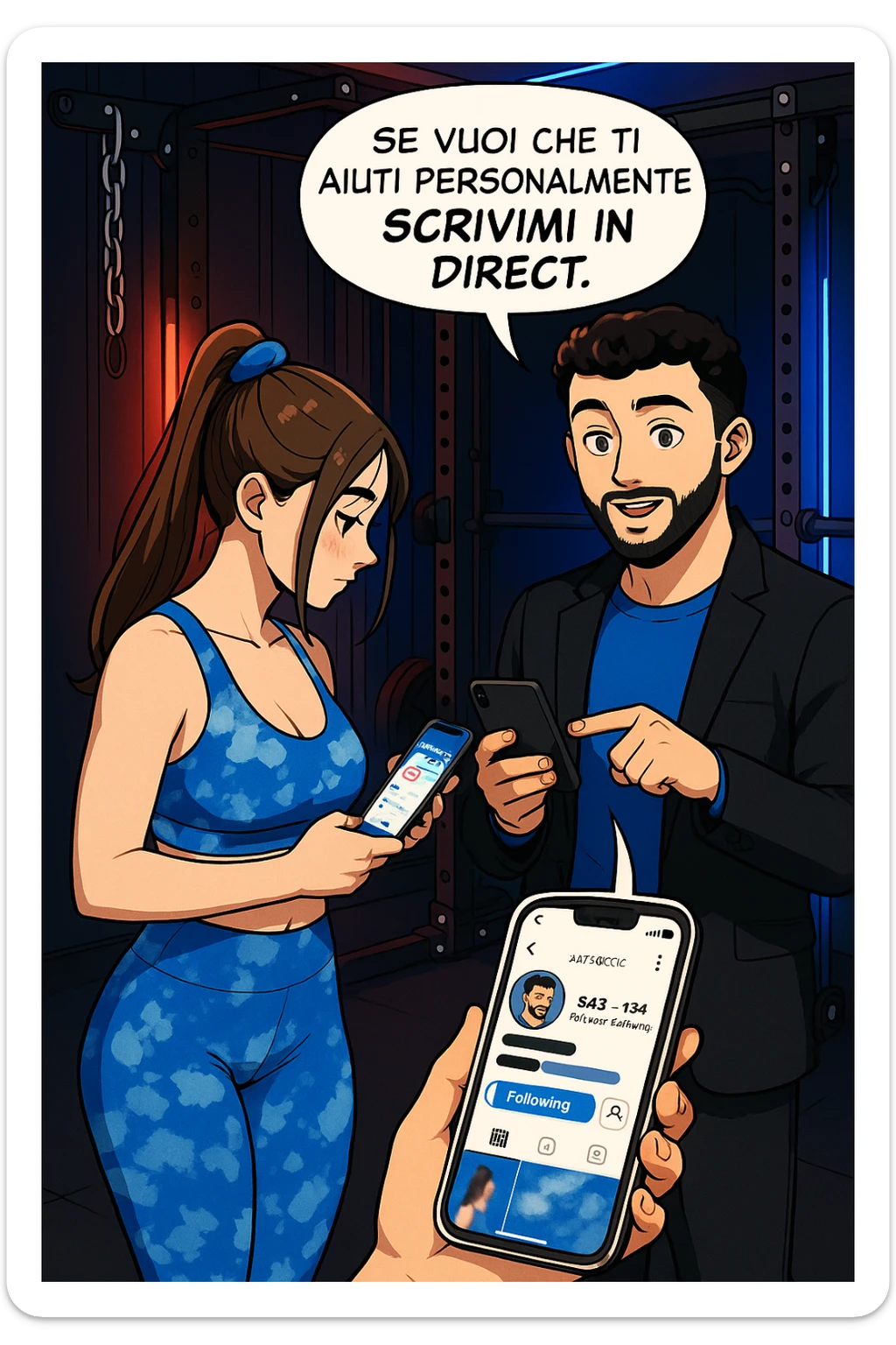 TRASFORMA QUESTO CAROSELLO IN UN FUMETTO STILE WEBTOON/MANGA A COLORI CON QUESTE DUE PERSONE IDENTICHE CHE INTERLOQUISCONO TRA LORO, L'UOMO MOSTRA UNO SMARTPHONE ALLA DONNA INDICANDOLO, E ANCHE LA DONNA HA LO SMARTPHONE IN MANO PER ANDARE A SEGUIRE IL SUO PROFILO INSTAGRAM:

LUI (UOMO): Se vuoi che ti aiuti personalmente
SCRIVIMI IN DIRECT sticker