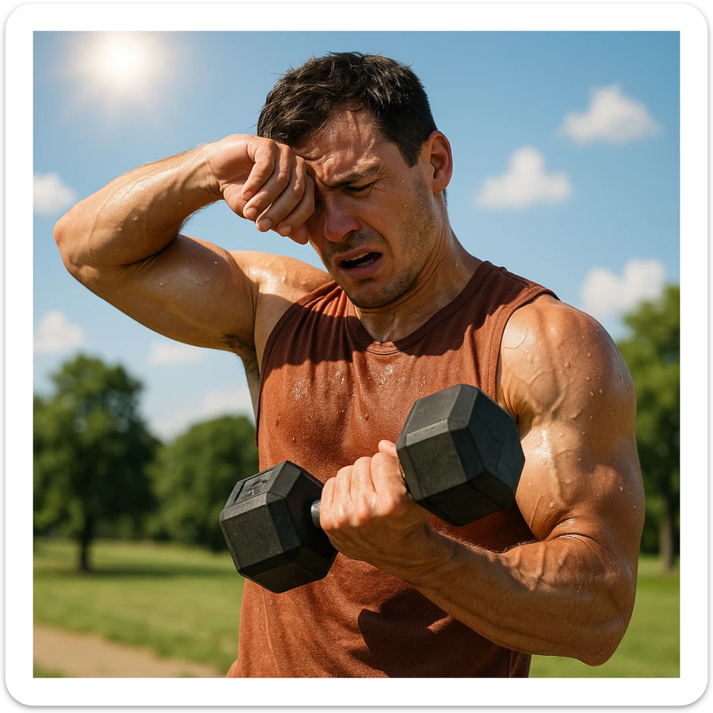 uomo fitness che si allena in estate, tutto sudato, con una mano fa un curl manubri mentre con l'altra mano si asciuga il sudore dalla fronte, espressione affaticata in volto sticker