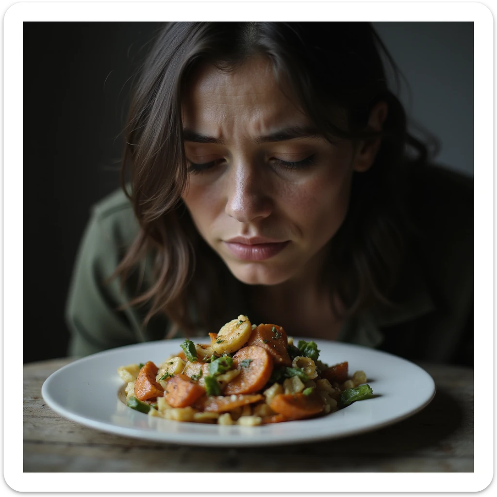 donna triste che mangia insalata, espressione triste, iperrealismo 4K, variazione 8 sticker