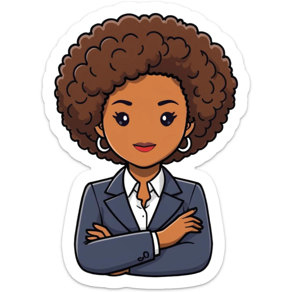 Elegant African career woman with natural curly afro hair, corporate outfit, professional demeanor sticker