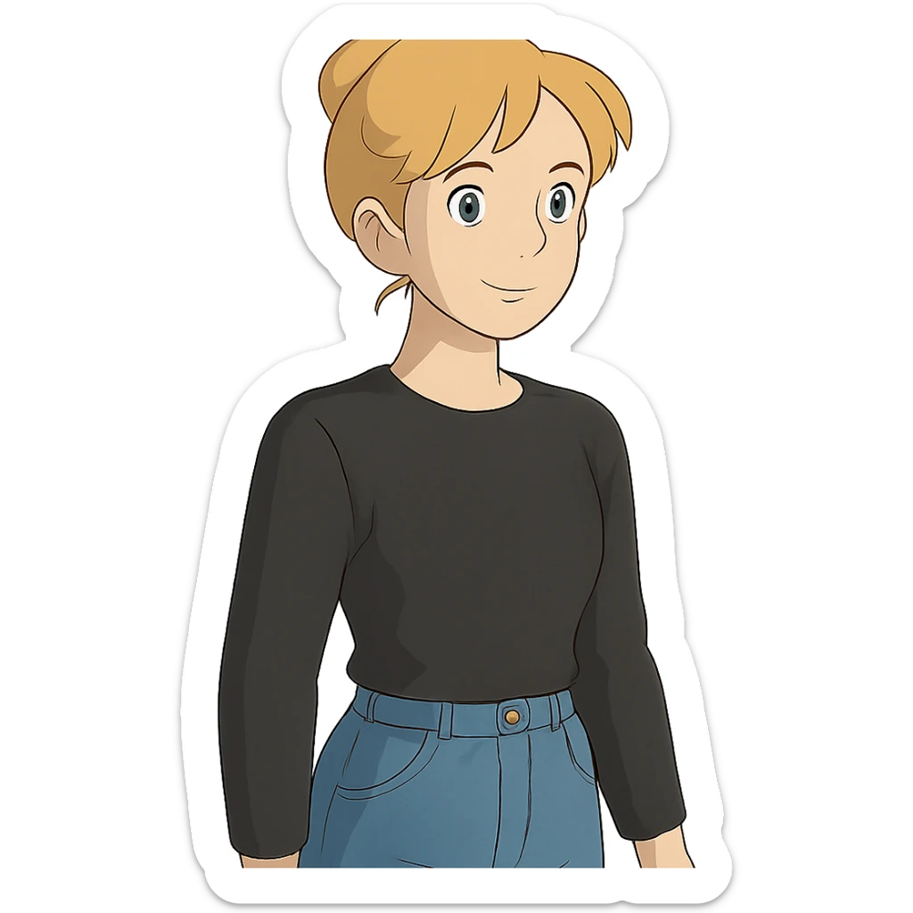 ghibli style blond woman with bun, long sleeve black shirt, and jeans sticker
