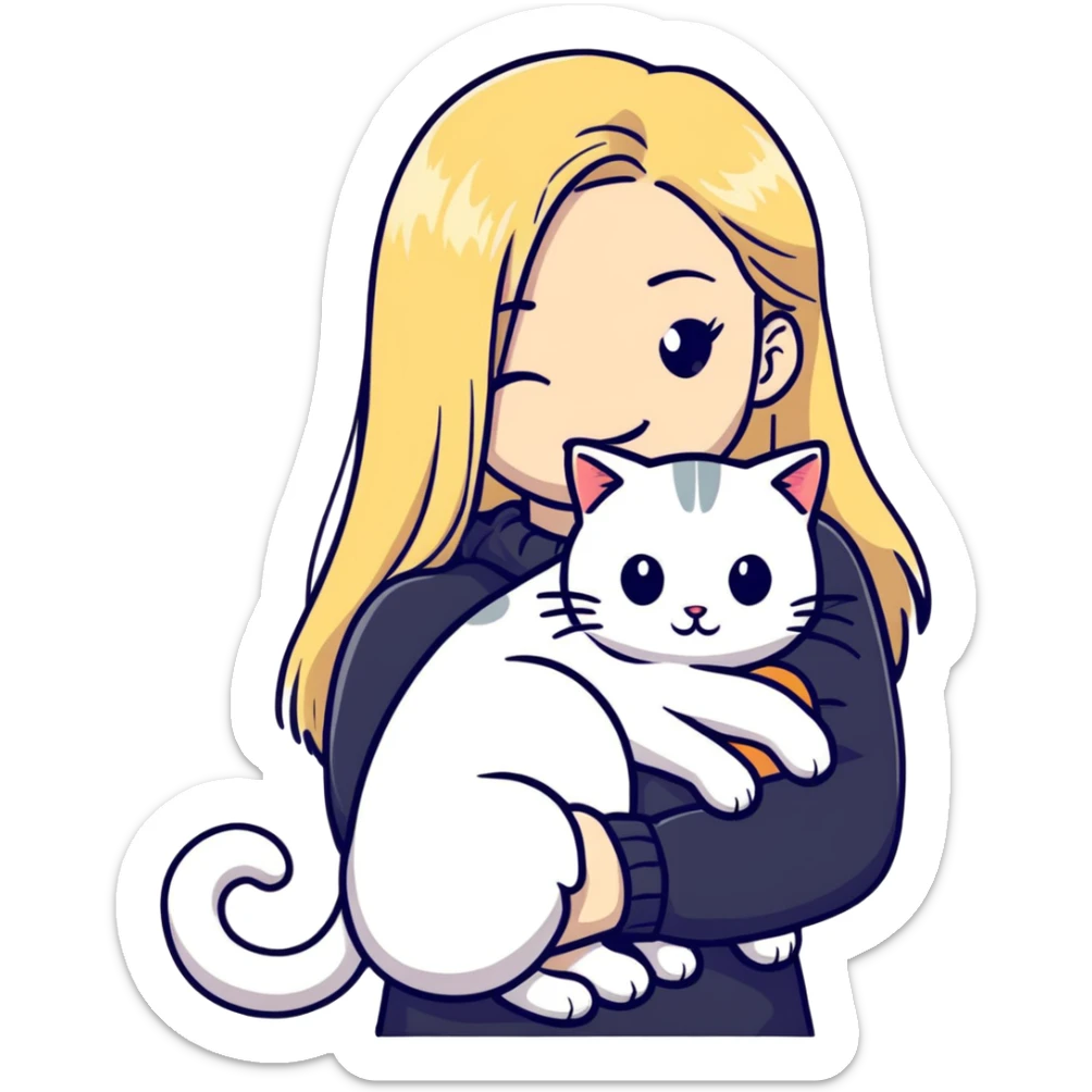 pretty woman with pale skin, very long blonde hair hugging a cat sticker