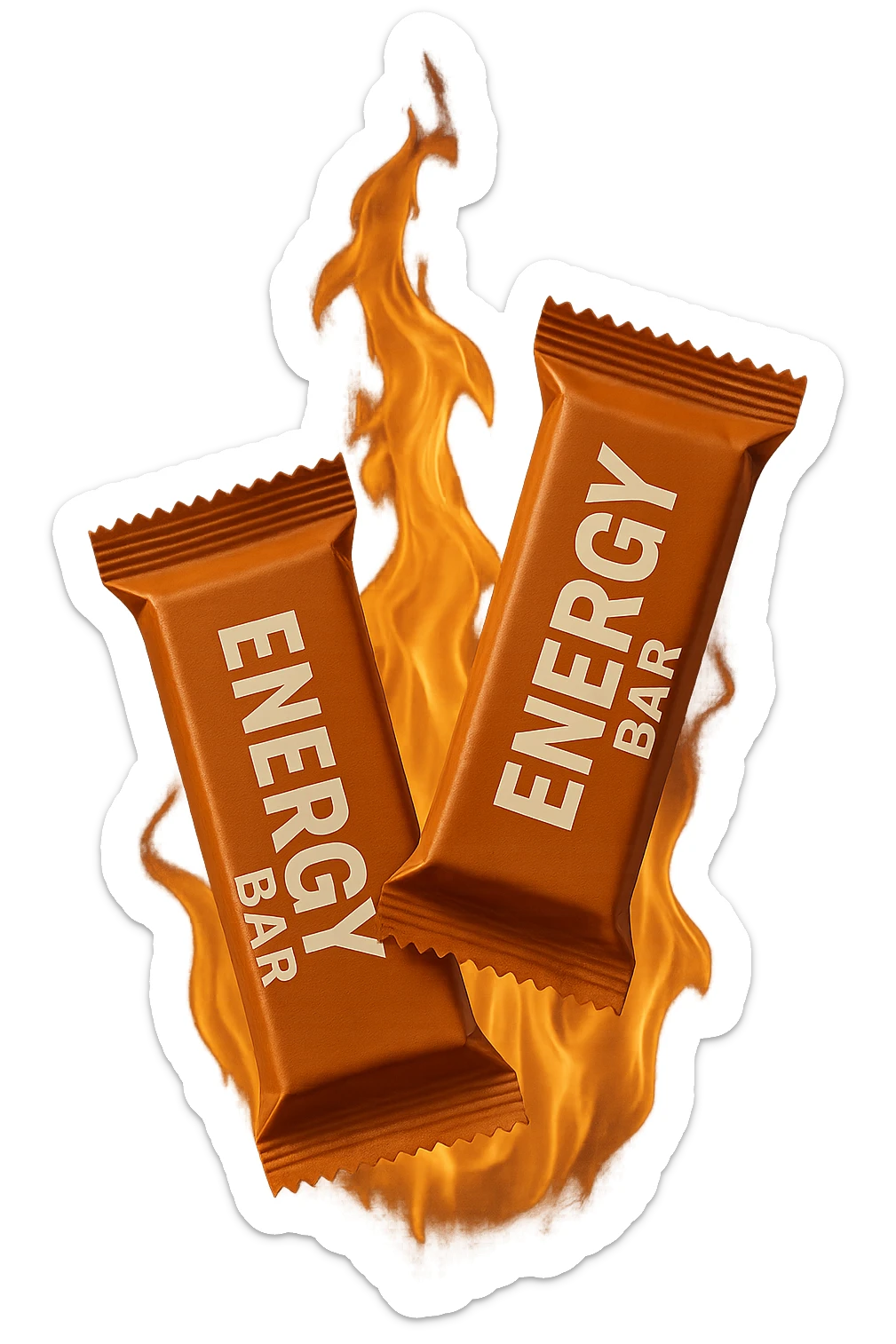due barrette energetiche confezionate fluttuano in aria insieme ad una fiamma iperrealistici sticker