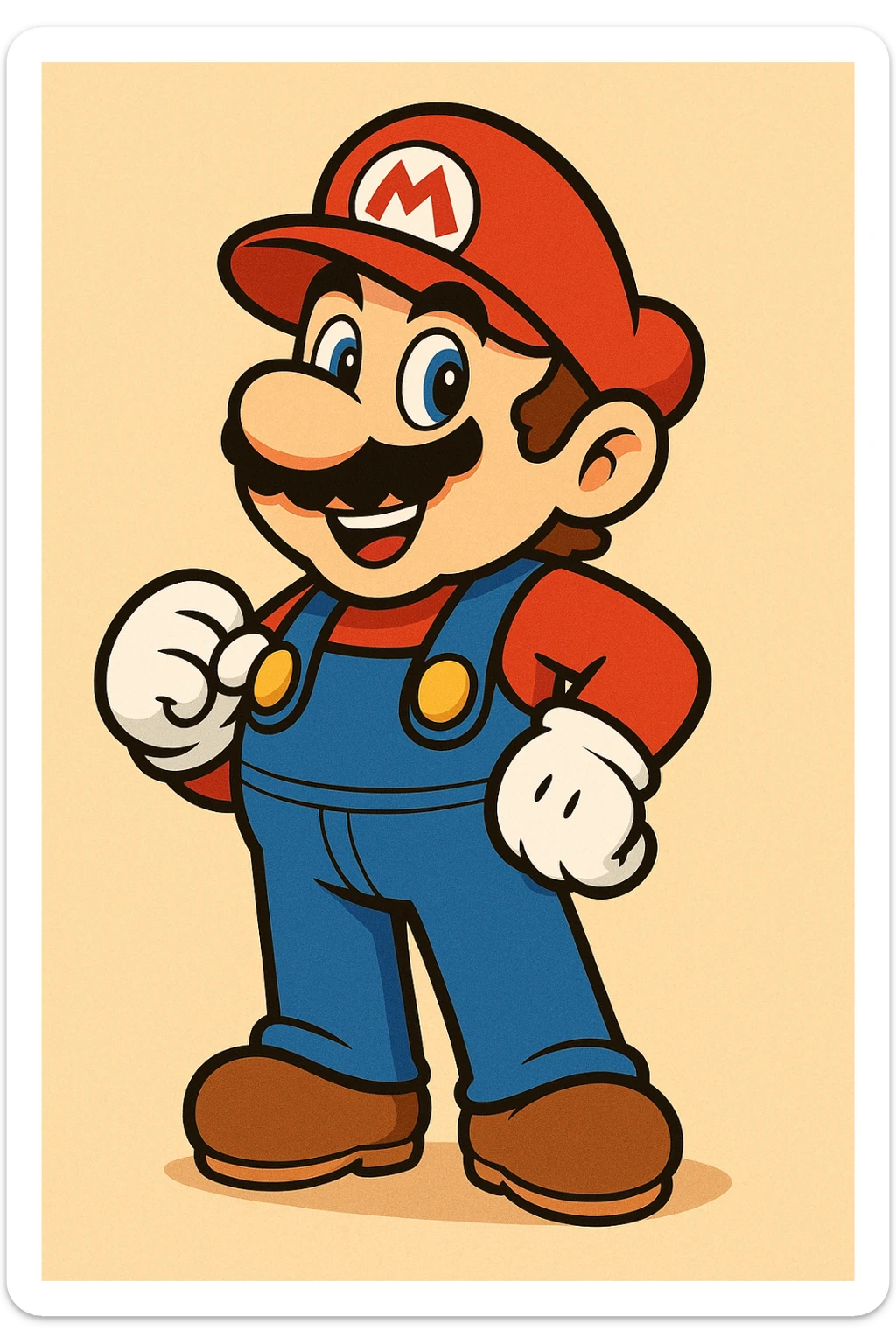 Mario with classic red hat and blue overalls, cartoon style, bright colors, smiling expression, standing pose sticker
