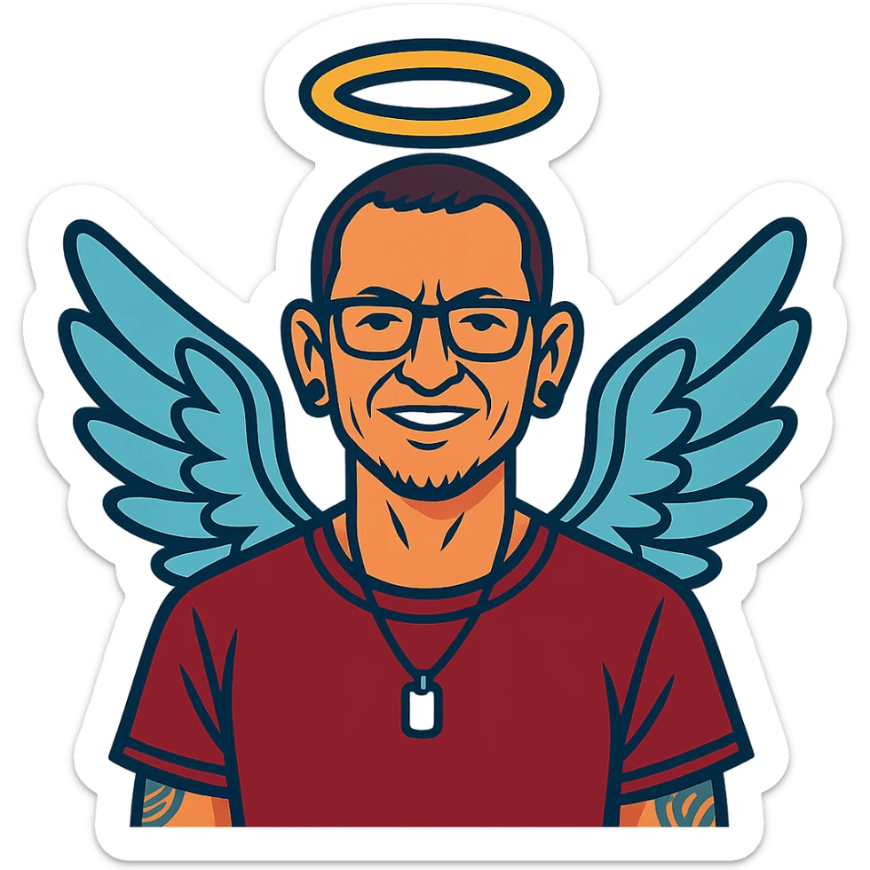 Chester Bennington from Linkin Park with a holy halo and angelic wings sticker