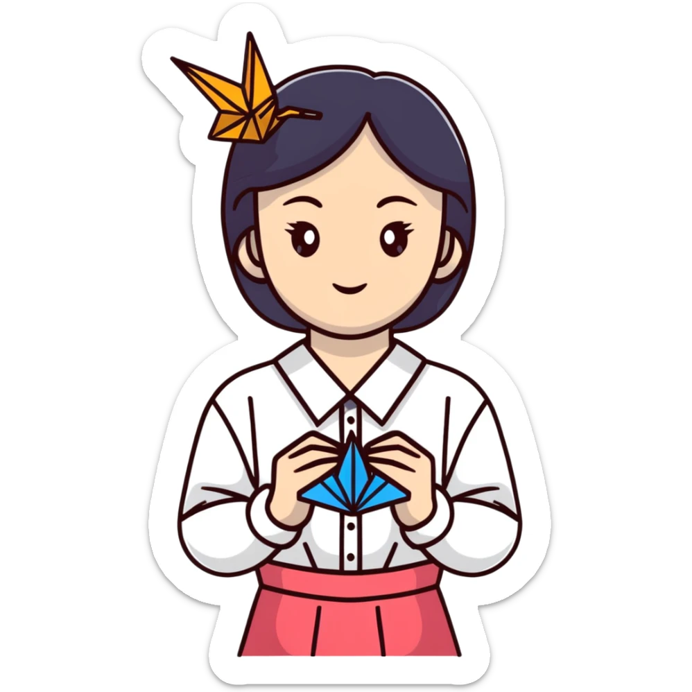 Ukrainian young girl in a white embroidered traditional shirt (vyshyvanka) holding origami paper crane sticker