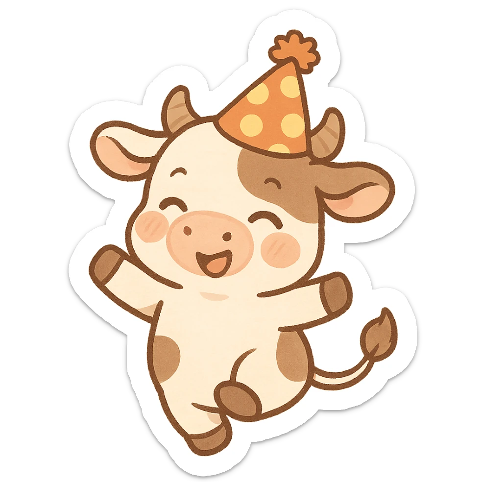 a playful cow with a polka dot birthday hat sticker