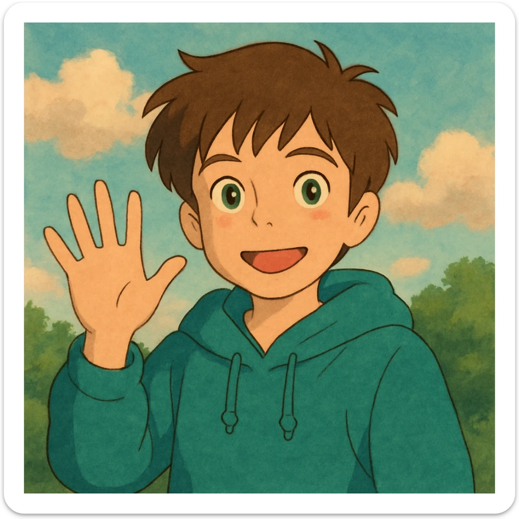 A boy brown hair green eyes with hoodie a hand and say hello sticker