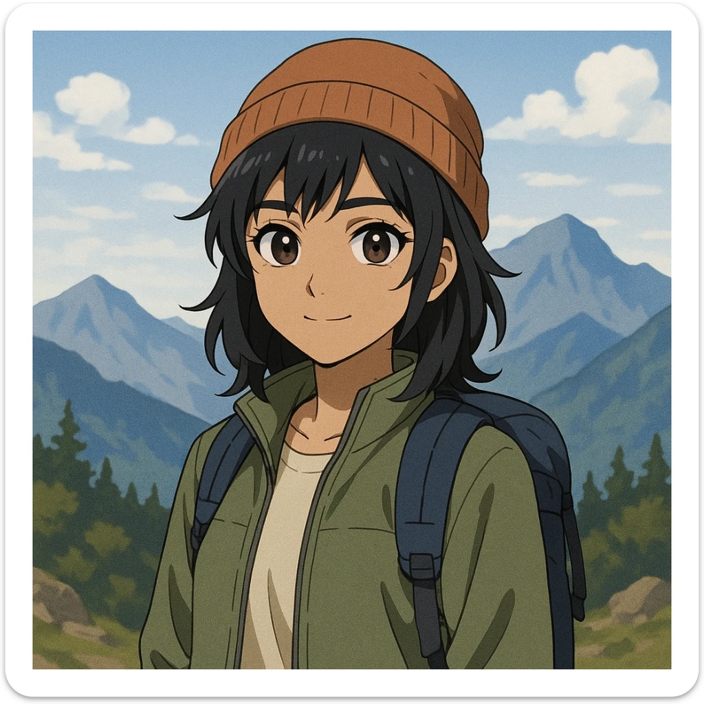 anime style Indian girl, black layered hair, brownish-black eyes, fair face, casual mountain attire, subtle mountain background sticker