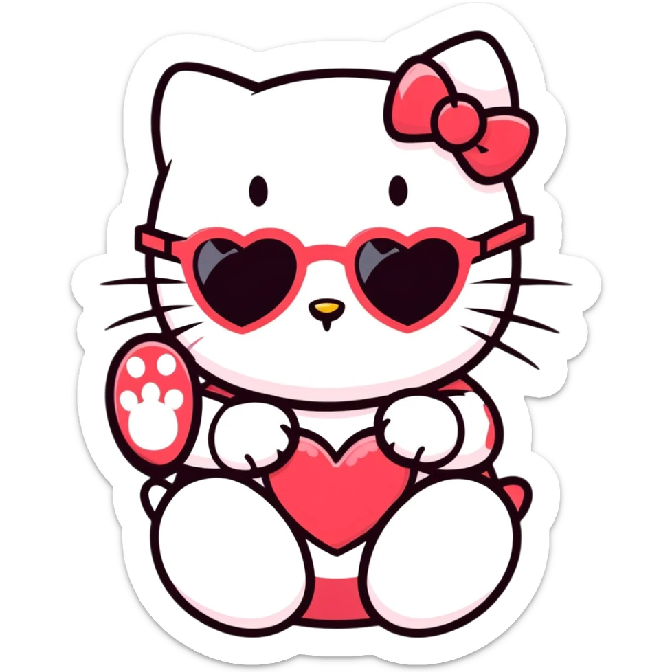 Hello kitty with heart shaped sunglasses with her little finger paw in her mouth bitting it sticker