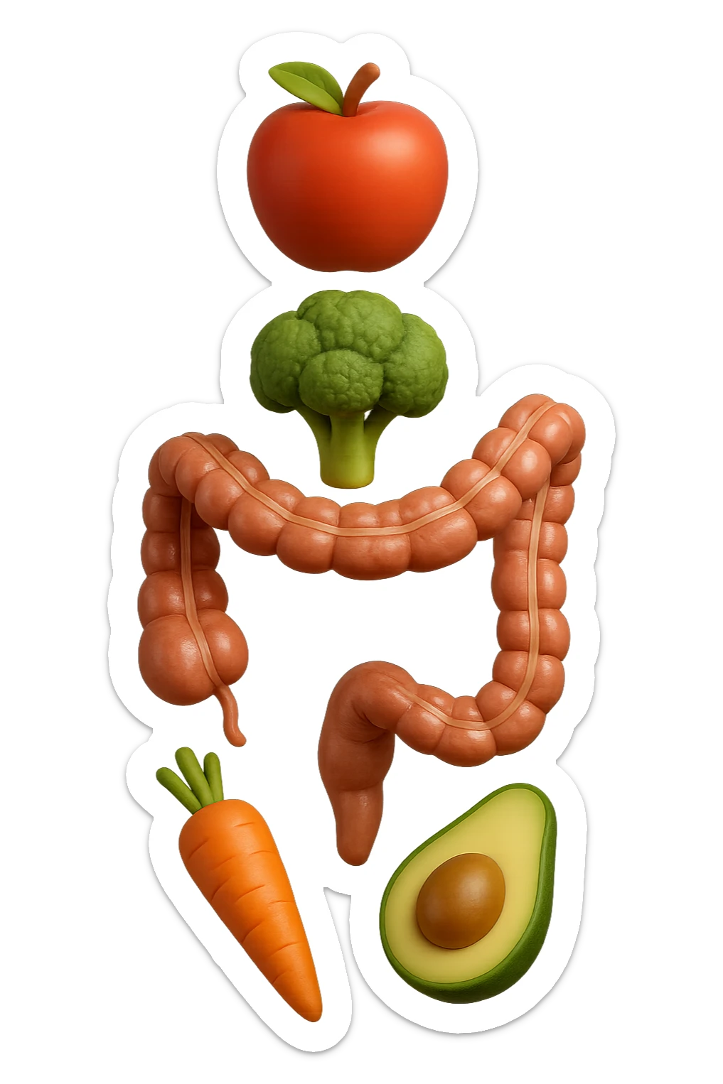 emoji stile iphone in 3d di cibo sano che fluttua in aria vericalmente insieme ùa pezzi di colon umano anatomico, iperrealistico 4k sticker