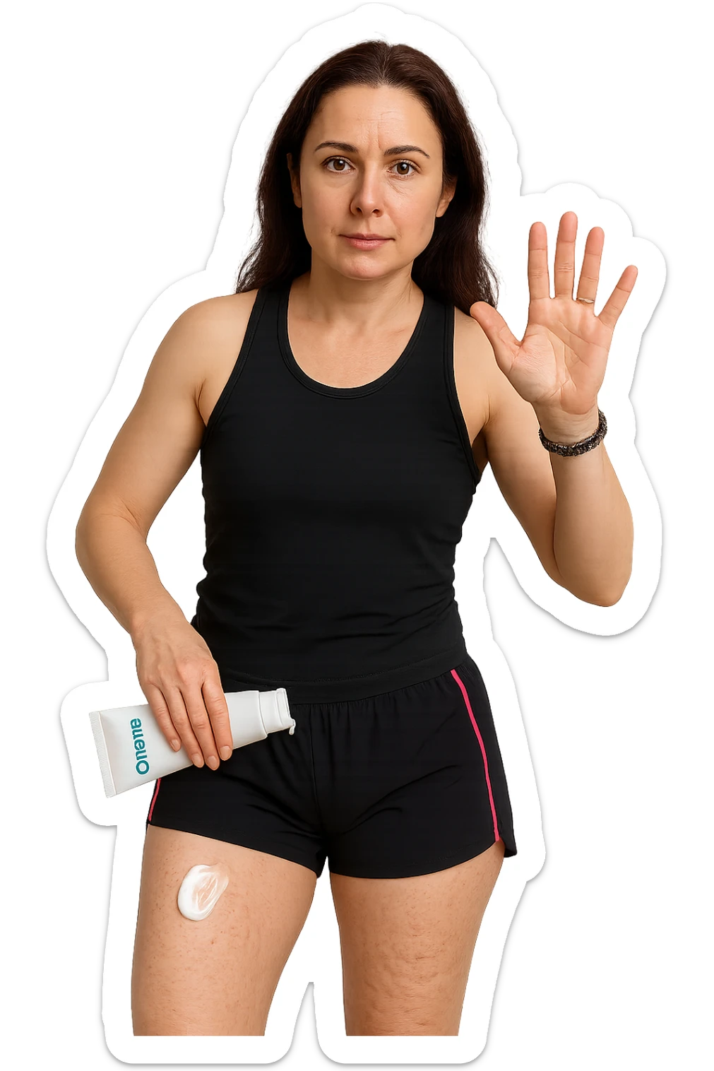 Donna con cellulite sulle cosce che usa una crema chiamata "Crema snellente" sticker