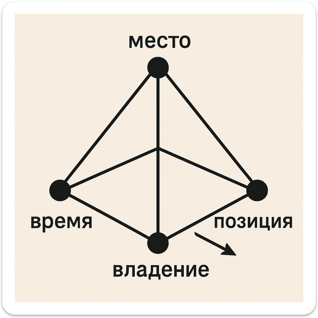 A pyramid with one of its edges facing the viewer. Label near the top as 'место', near the base closest to the viewer as 'владение' and 'позиция', and near the third base corner as 'время'. Draw an arrow from the 'время' corner pointing inward. Add spheres at each corner, seven times thicker than the line thickness. sticker