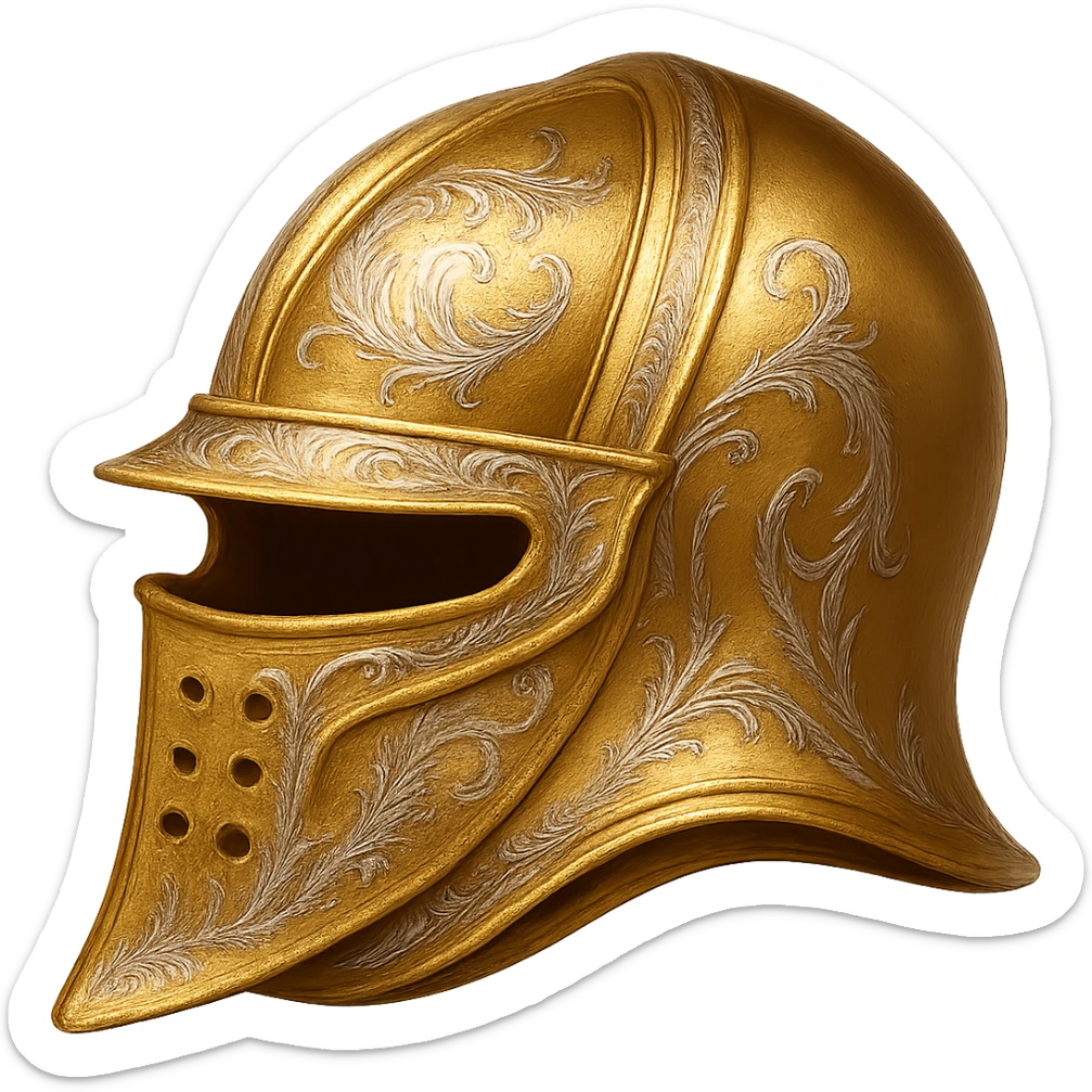 Recolor this helmet to a plated gold color with ornate engravings inlaid with silver. The gold should be rich and metallic, and the engravings should have a bright, reflective silver finish. Keep the exact shape and proportions of the original helmet. Transparent background. The original style is armor illustration. sticker