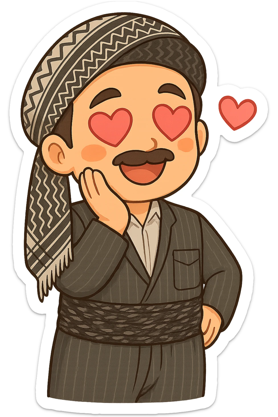 Create a colorful and cheerful cartoon sticker of a Kurdish man in the same clothes and scarf as the reference image, with a romantic facial expression and heart-shaped eyes similar to the 😍 emoji. The man should have one hand touching his face (e.g., cheek or chin). The image should have no shadows or color halos around it, no text, and a completely transparent background. Suitable for WhatsApp and Instagram. sticker