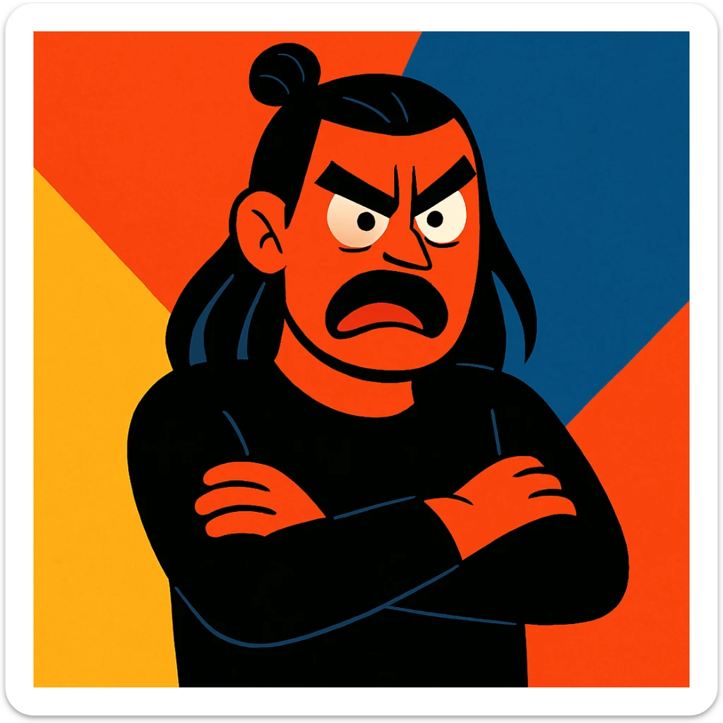 expressive style angry man with long black hair in a bun, arms crossed, dressed in black sticker