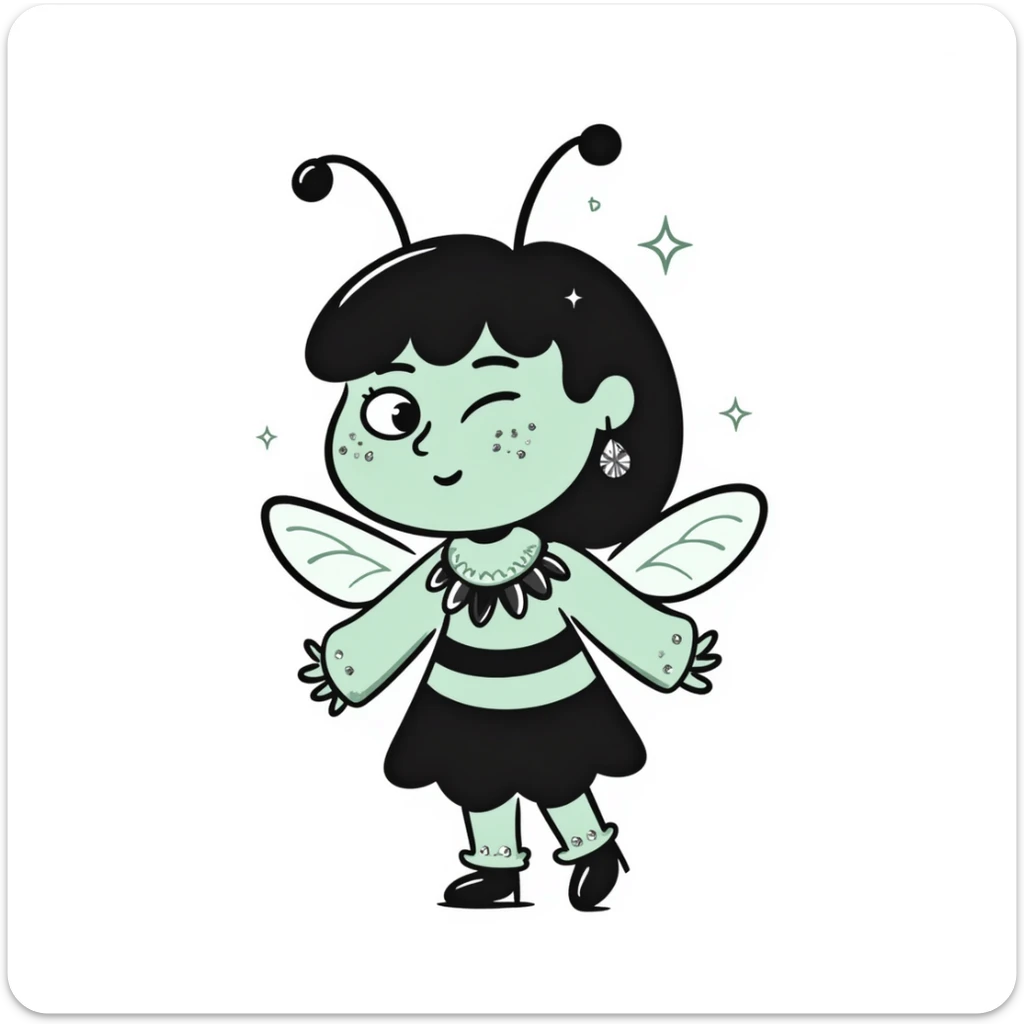 Mint green woman bee character with diamond decorations, rhinestone jewelry, and glittery sparkly details sticker