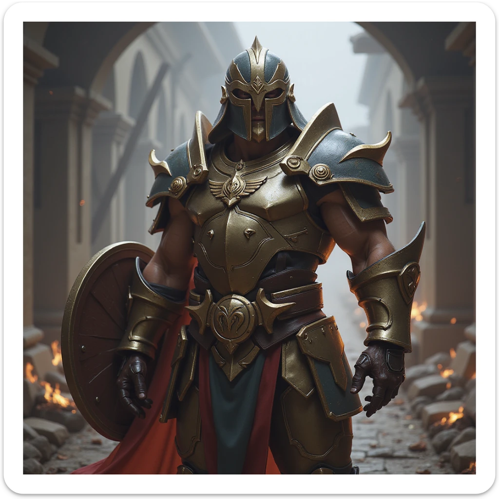 realistic fantasy style League of Legends-inspired champion, armored and powerful sticker