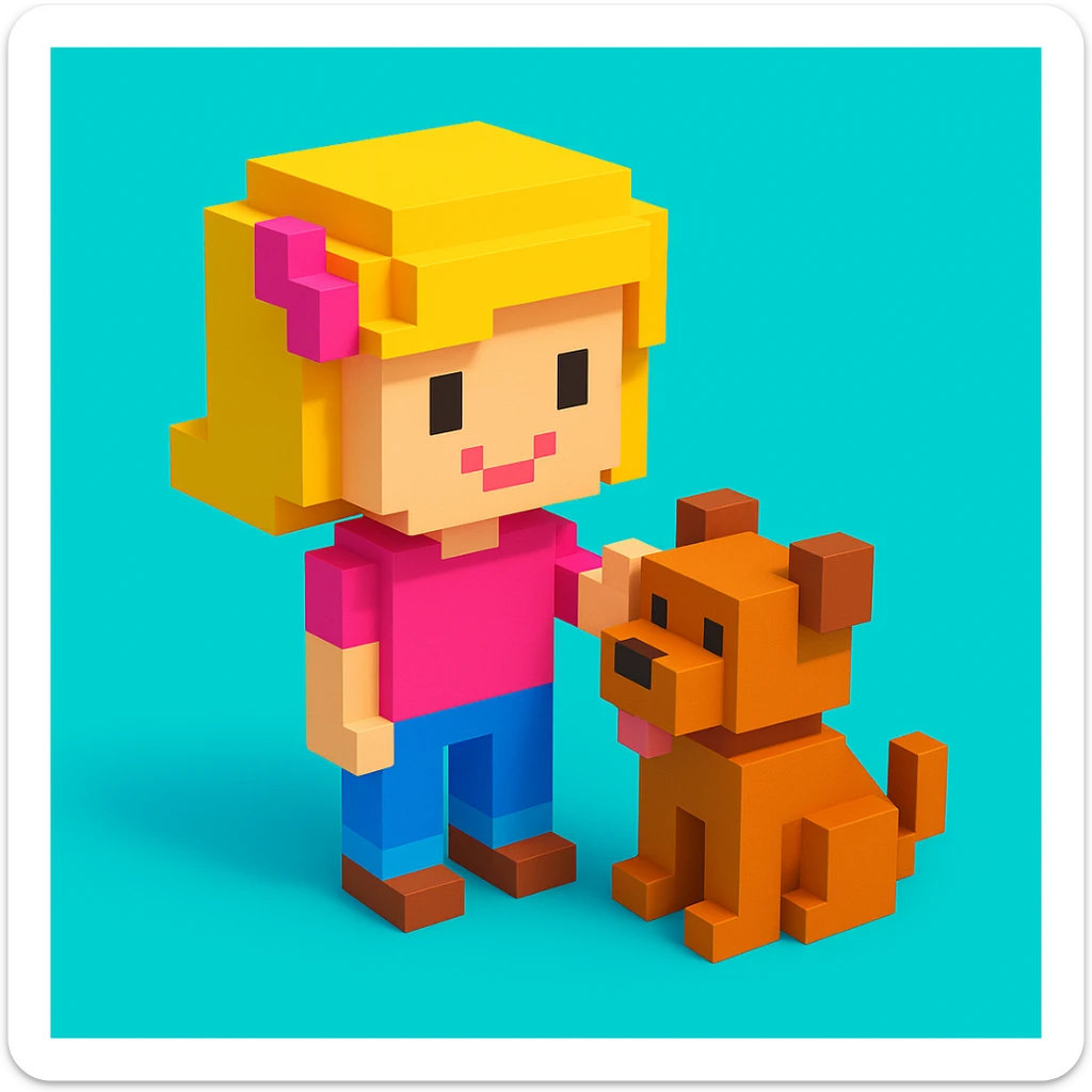 create a voxel style 3d image girl and  her dog, colored background sticker