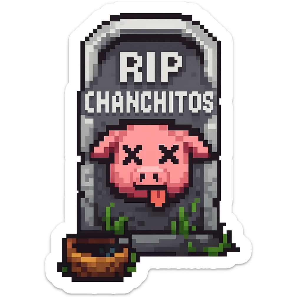 Add the text 'RIP CHANCHITOS' on the tombstone and depict the pig with a dead expression (X eyes, tongue out) in pixel art style, no background. sticker