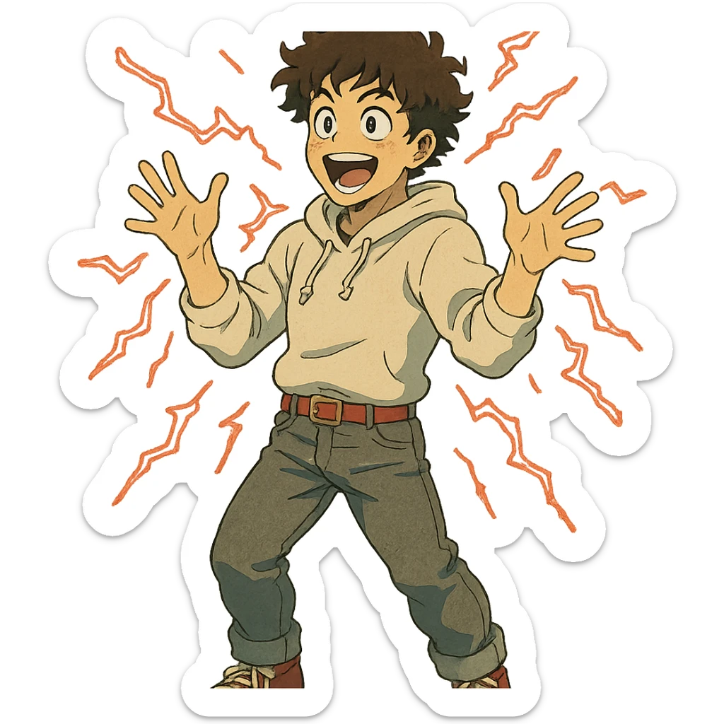 1 male, mid fade haircut dark chestnut brown curly hair, toasted lightskin, white hoodie sleeves up, gray fashion jeans, red fashion-sneakers shoes, red belt, short trimmed beard and goatee,  style of deku from "my hero academia",  doing a "i adore that!" exclaimation pose with red electricity sticker