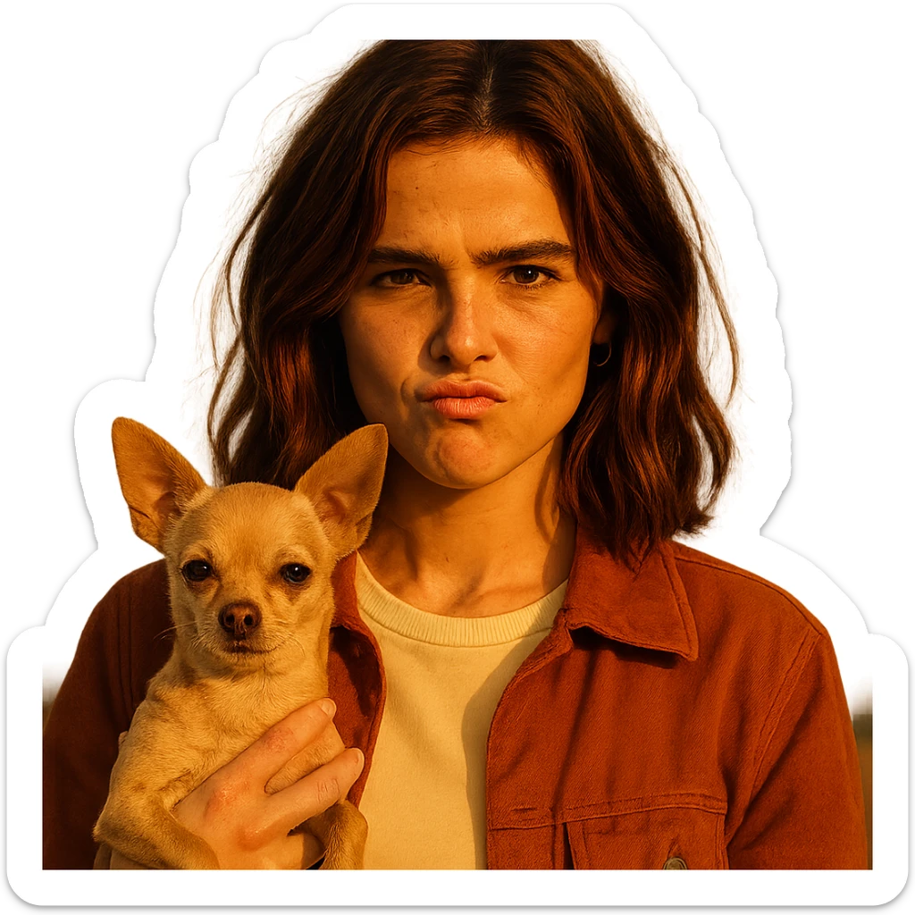 portrait centered of a woman inspired by Zoe Deutch's face, tanned skin, subtle freckles, rebellious and playful expression, medium-length brown hair with auburn highlights, shirt color #FFF8CA, rust-colored jacket, holding a beige-brown chihuahua, golden hour lighting effect, transparent background, Netflix series style sticker
