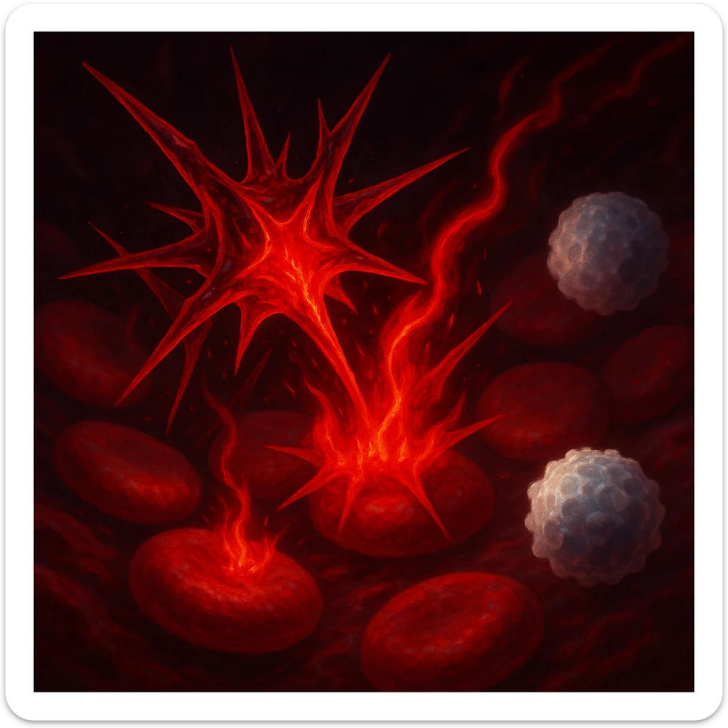 artistic close-up of omega-6 fatty acid molecules in the bloodstream, depicted as sharp, aggressive red structures glowing with inflammation effects, interacting with healthy cells triggering red flames or inflammation signals, nearby white blood cells reacting defensively, surreal medical semi-realistic style with luminous inflammation effects sticker