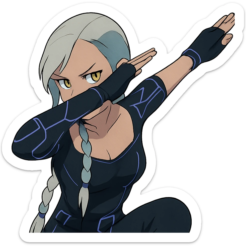 she is dabbing, a closeup portrait of young woman with gold yellow eyes, white hair, long braid, black off-shoulder top d-cup, punk gothic style, futuristic cyberwave cyberpunk, sitting position sticker