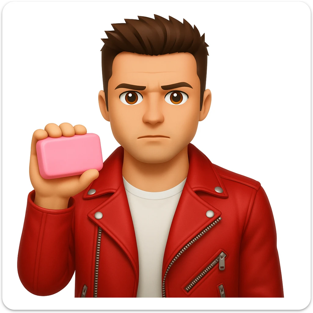 Add a pink soap in the hand of Tyler Durden. The original style is emoji, which does not support editing, so use the general style editor while respecting the emoji style look. sticker