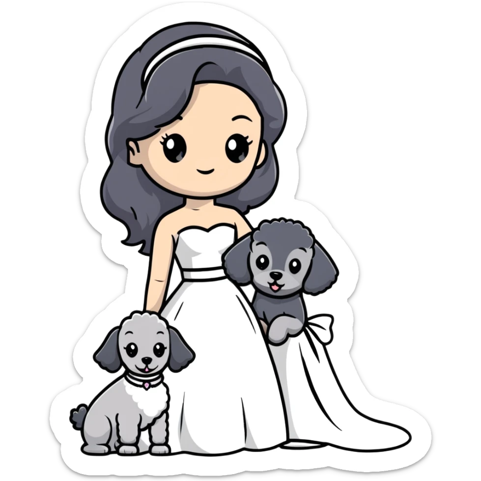 A beautiful girl with long black hair in a wedding dress holds a small gray poodle sticker