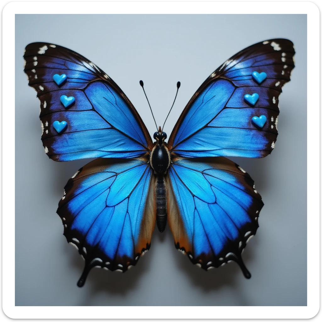 blue butterfly with blue hearts on its wings, realistic style sticker