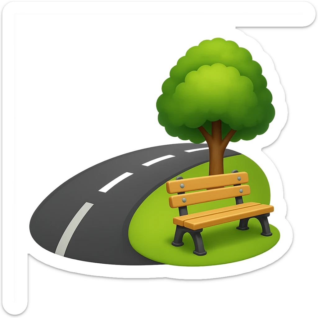 Emphasize the street and reduce the number of trees in the image. The style should resemble emoji style with a transparent background. sticker