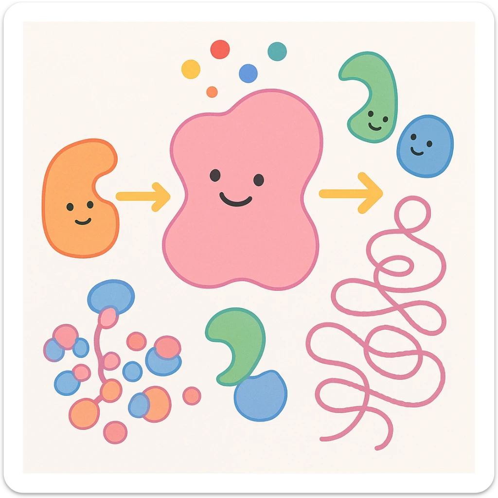 Ultra-detailed scientific illustration  (like in a school book) of enzyme digestion. Macro molecular view, clean white background, no text, no human figures or cartoon characters. Purely biological focus and really detailed sticker