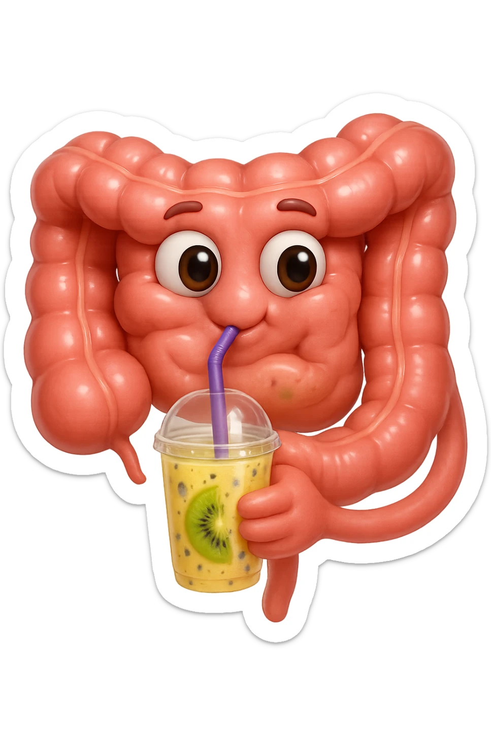 EMOJI STILE IPHONE DI un intestino umano anatomico che beve un frullato di mirtilli, ananas, kiwi, fagli anche la parte bianca degli occhi, non solo le pupille, REALISTICo 4K sticker