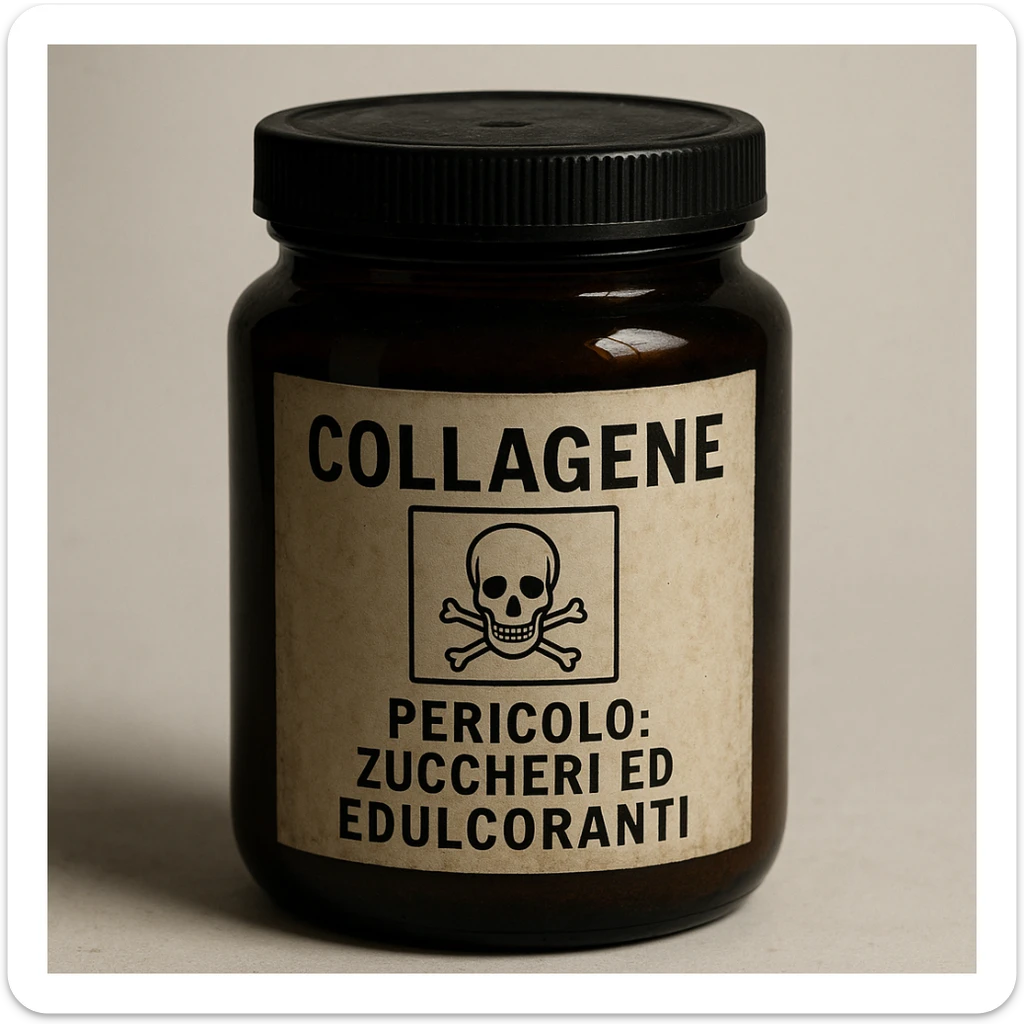 realistic collagen jar with Italian label 'Pericolo: zuccheri ed edulcoranti', poison symbol, dark atmosphere, realistic details, white background sticker